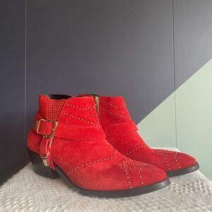 $700 Anine Bing Bianca Red Suede Ankle Boots Western/Moto size 37/6.5, EUC